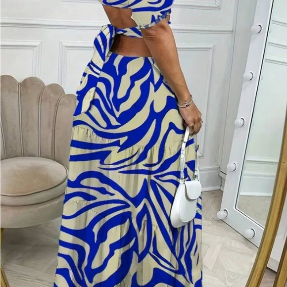 Blue and cream colored all over print off the shoulder, ruffle  dress - Picture 5 of 7